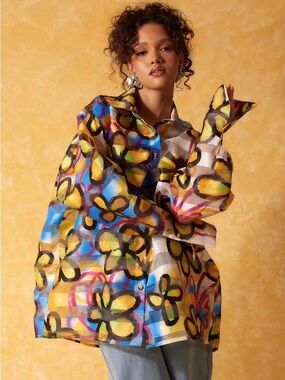 Kai Collective Oversized Sheer Multicolor Floral Striped Button-Up Shirt